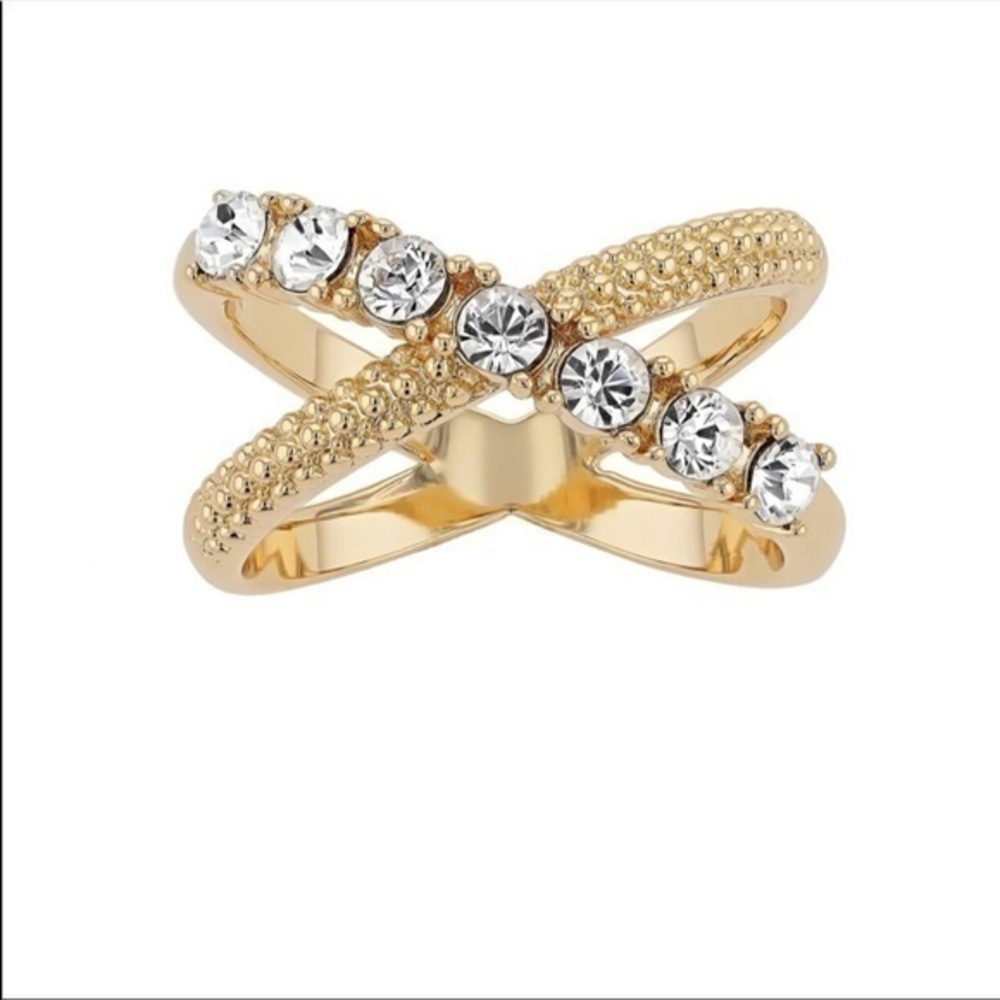 Crossover Ring Swarovski Crystals Beautiful Gold-Tone Classy Trendy Ring Sz 7